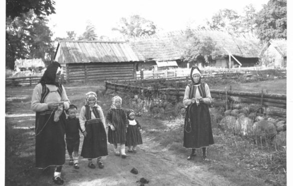 Vardad ei ole peos piltmaakrile poseerimiseks. Ruhnus pidi naine tööd tegema kogu aeg – kui karjateel jalg astus, siis käed olid tal ometi näputööks vabad.  Foto: Rahvusarhiiv